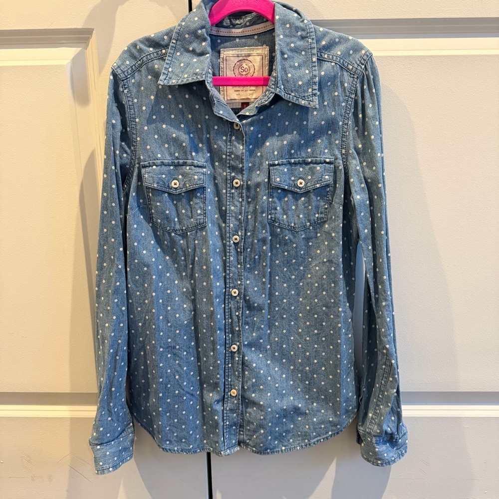 SO Shirt denim button down blue white polka dot shirt y2k